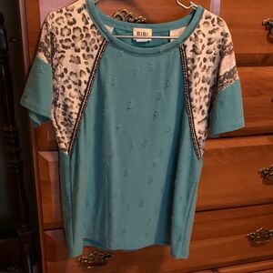 BiBi Turquoise and Leopard Print Tee